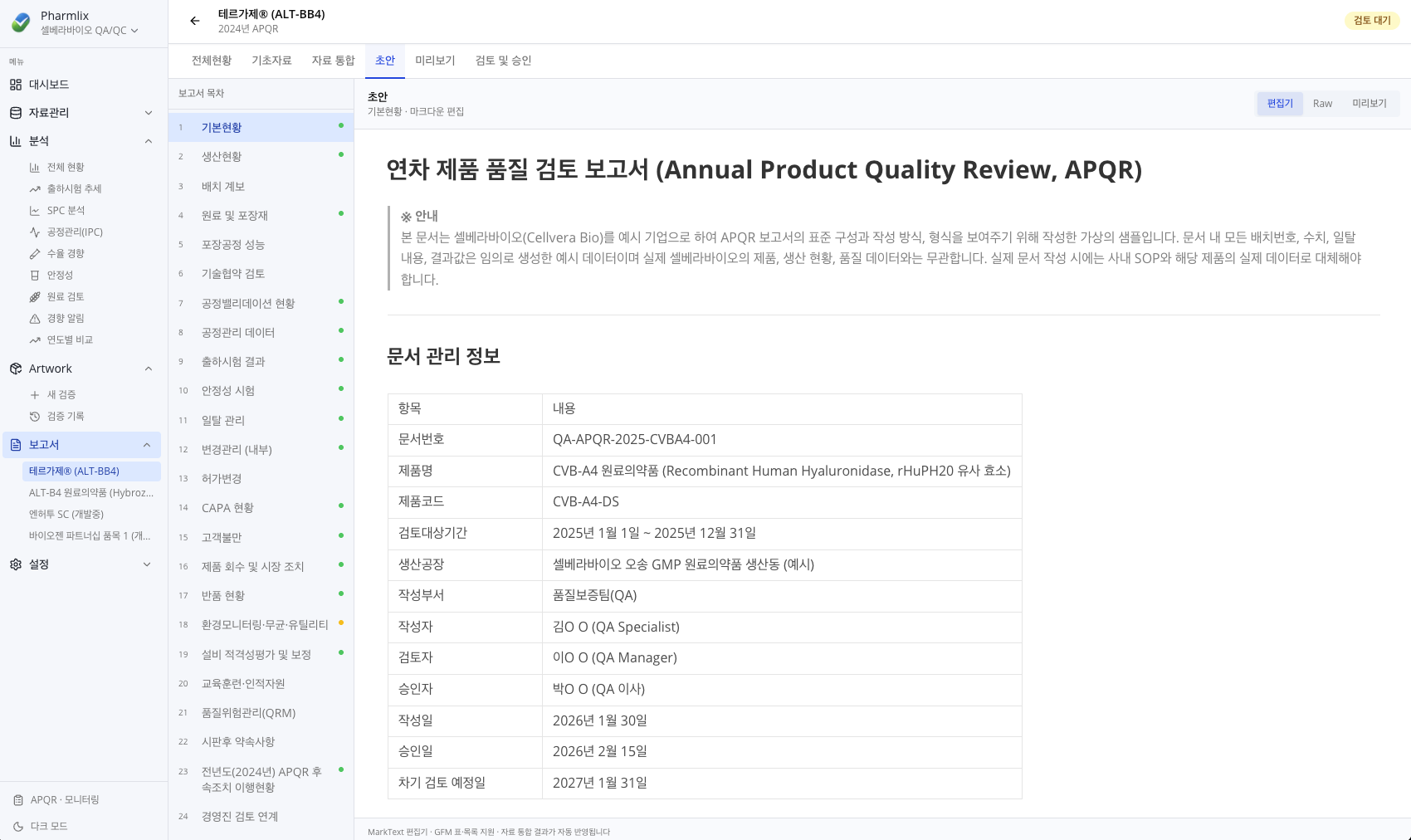 APQR 초안 — 연차 제품 품질 검토 보고서 편집